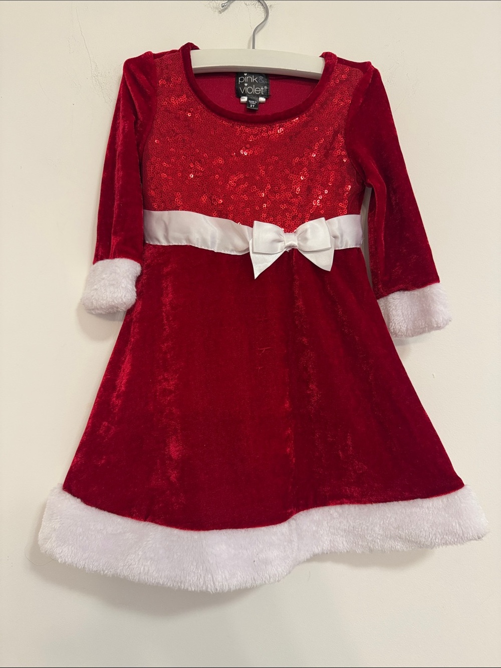 Pink & Violet Red Velvet Girls' Holiday Dress with White Bow